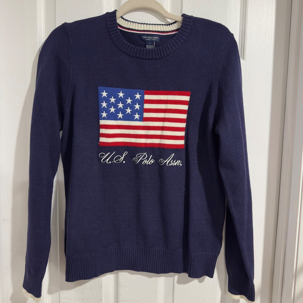 US Polo Assn Womens Navy Blue American Flag Knit Sweater 1118C Large Americana